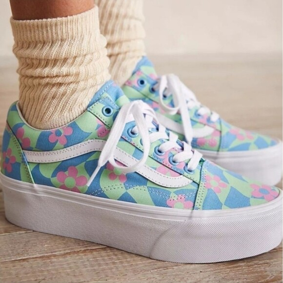 Vans Shoes - Vans | Old Skool Stacked Checkered Floral Blue Platform Shoes, Womens 9
